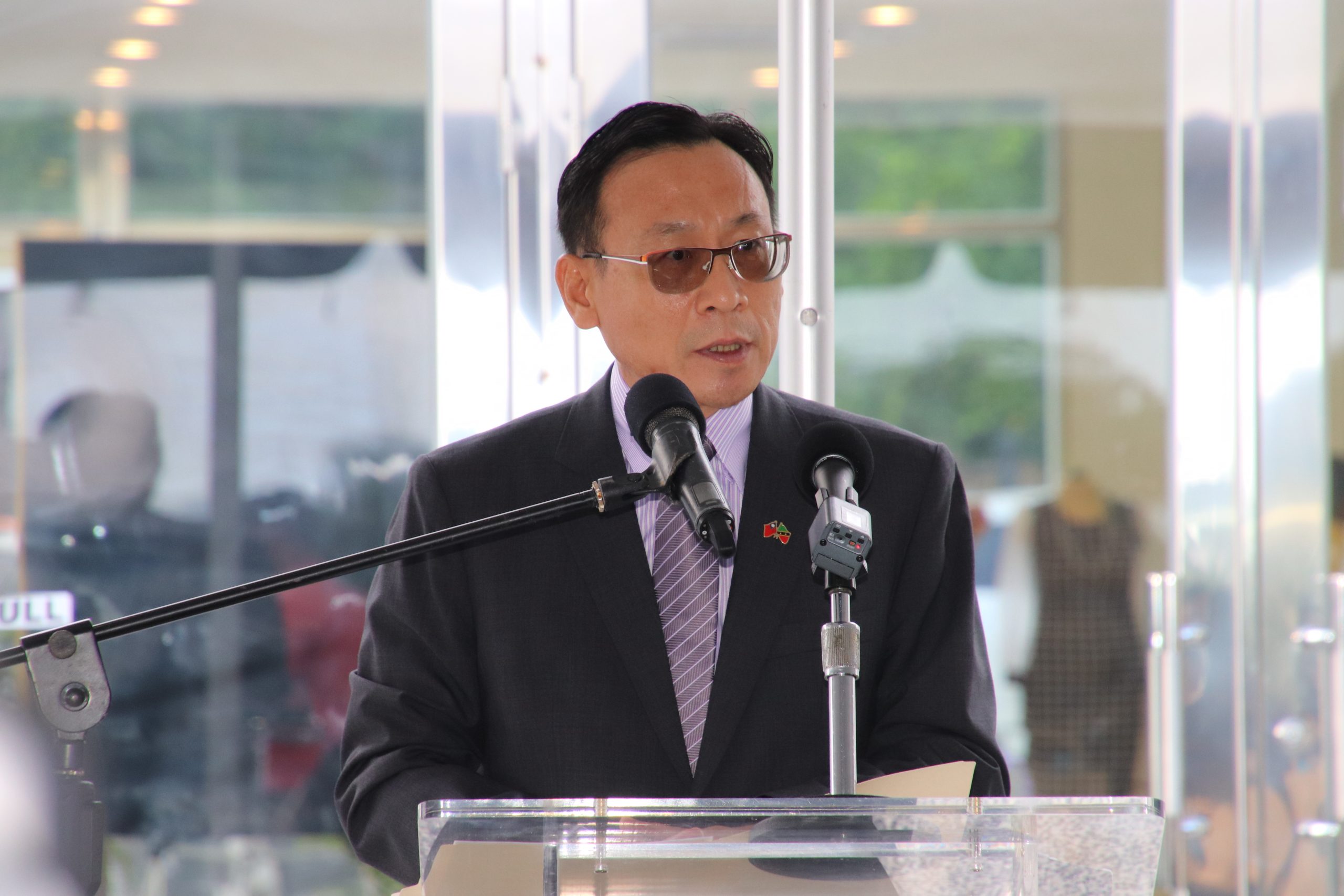 His Excellency Michael Lin, Ambassador of the Republic of China (Taiwan) to St. Kitts and Nevis delivering remarks at a ceremony to mark the first anniversary celebration of the Malcolm Guishard Recreational Park on January 16, 2023