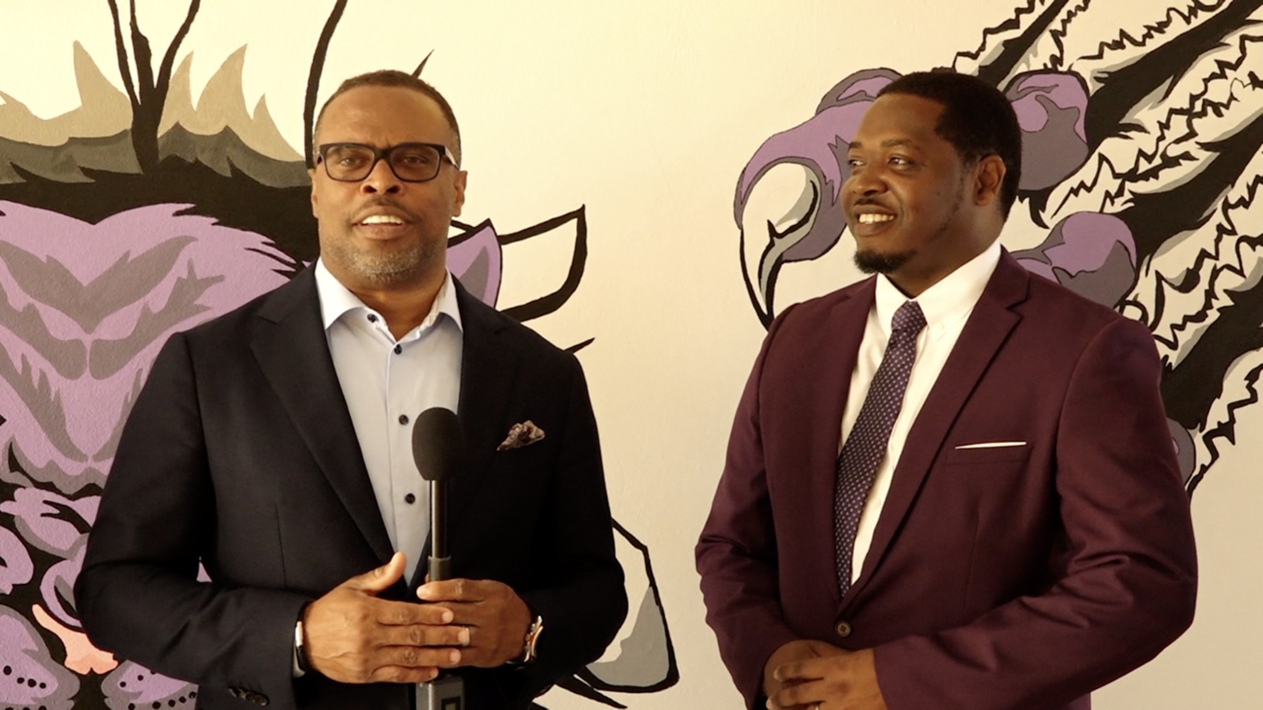 (L-r) Hon. Mark Brantley, Premier of Nevis, with Mr. Kayno David, Principal of the Gingerland Secondary School, during a visit to the school on March 23, 2023