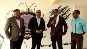 (L-r) Hon. Troy Liburd, Minister of Education; Hon. Mark Brantley Premier of Nevis and Minister of Finance; Mr. Kayno David, Principal of Gingerland Secondary School; and Mr. Kevin Barrett, Permanent Secretary in the Ministry of Education at the Gingerland Secondary School on March 23, 2023