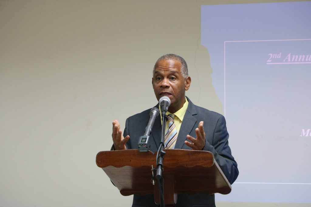 Hon. Eric Evelyn, Deputy Premier of Nevis, delivering remarks at the 2nd Annual Financial Management Workshop hosted by the Premier’s Ministry in the Nevis Island Administration at the Malcolm Guishard Recreational Park on May 10, 2023
